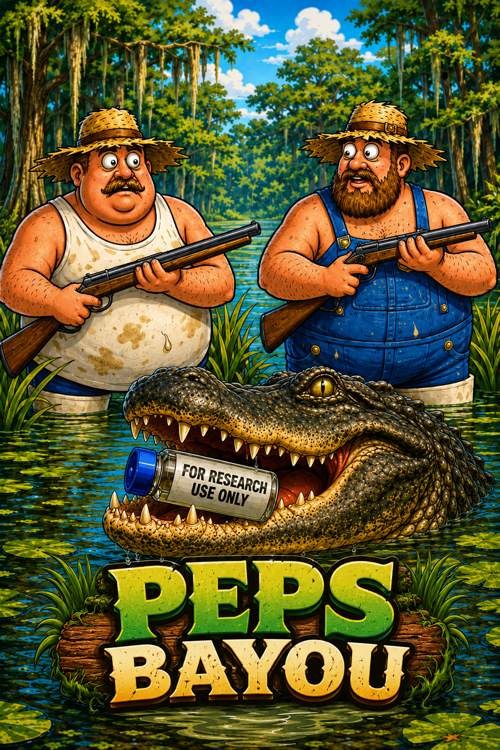 Cartoon bayou scene with hunters and an alligator holding a vial labeled Peps Bayou
