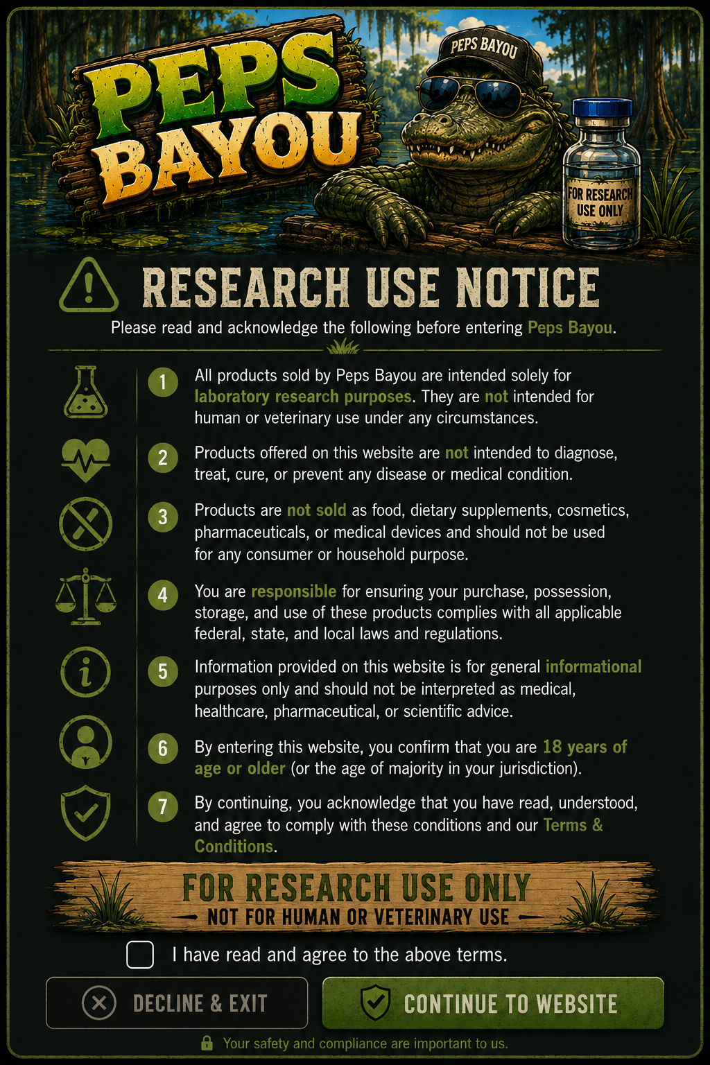 Peps Bayou research use notice explaining that products are for laboratory research only and not for human or veterinary use